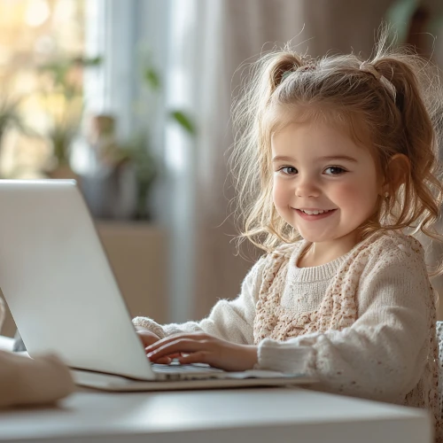 Девочка на онлайн-уроке с логопедом за ноутбуком