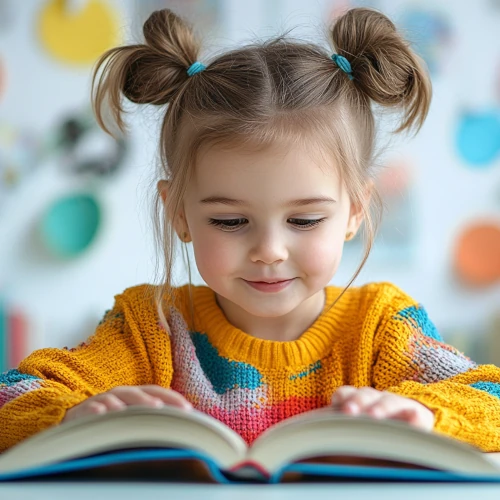 Девочка за столом занимается чтением на онлайн-занятии по подготовке к школе